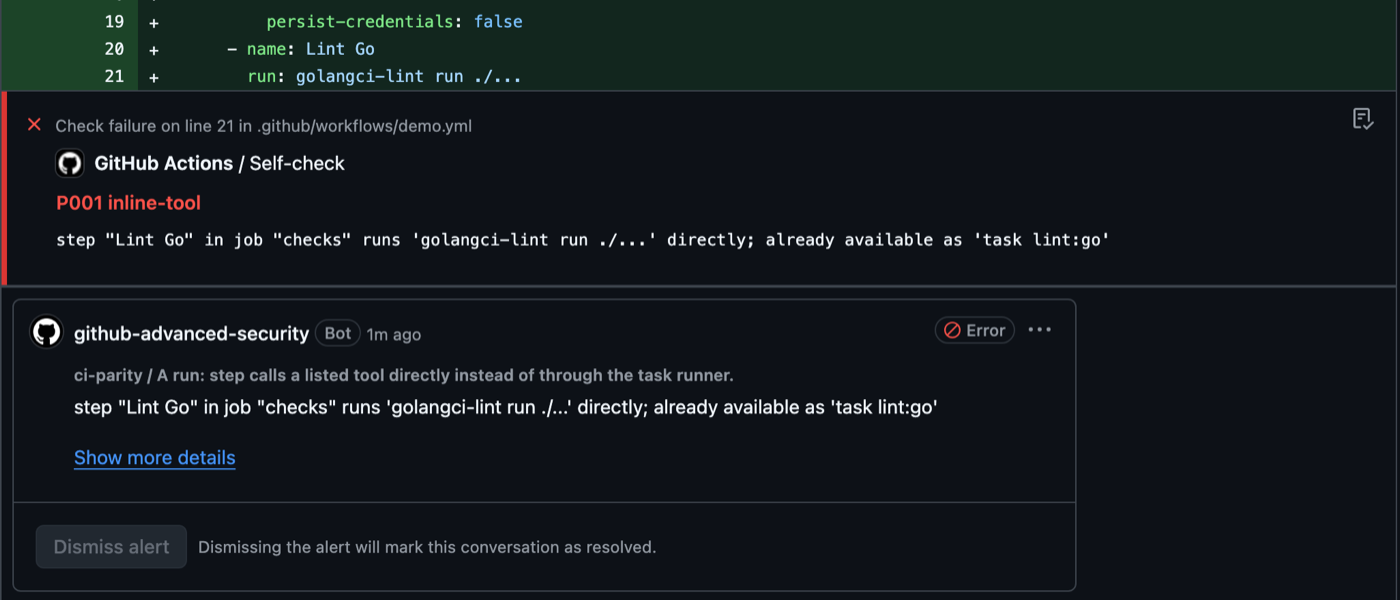 A pull request's Files changed tab: under line 21, run: golangci-lint run ./..., an annotation reads P001 inline-tool, already available as 'task lint:go', with the matching code scanning alert below it.